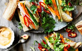 Fish banh mi with pickled vegetables & spicy mayonnaise