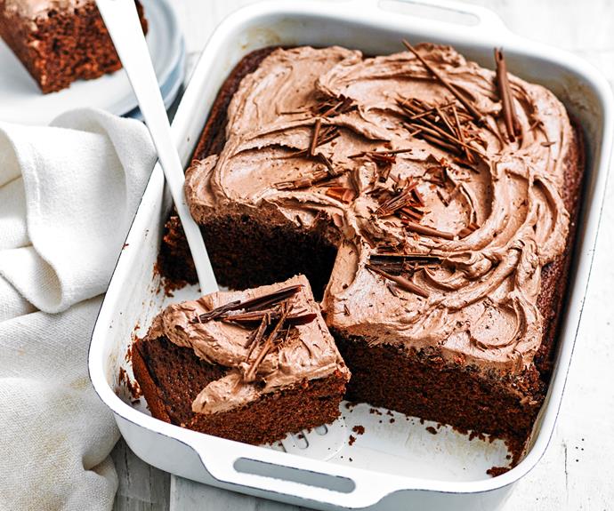 This [simple chocolate slab cake](https://www.womensweeklyfood.com.au/recipes/chocolate-slab-cake-32069|target="_blank") is moist, chocolate-y, and topped with a deliciously creamy chocolate buttercream.