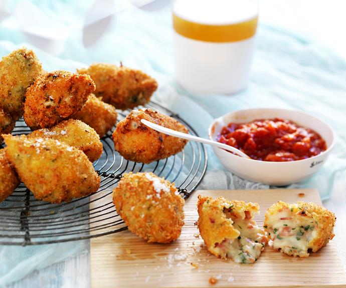 **[Ham and cheese croquettes](https://www.womensweeklyfood.com.au/recipes/ham-and-cheese-croquettes-32148|target="_blank")**

The classic combination of oozy ham and cheese centre with a crunchy breadcrumb coating and served with a home-made tomato sauce.