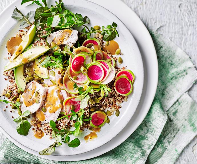 **[Poached chicken and quinoa salad with watercress](https://www.womensweeklyfood.com.au/recipes/poached-chicken-and-quinoa-salad-32165|target="_blank")**

Fresh and tasty!