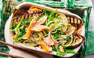 Eggplant noodle salad with smoked trout