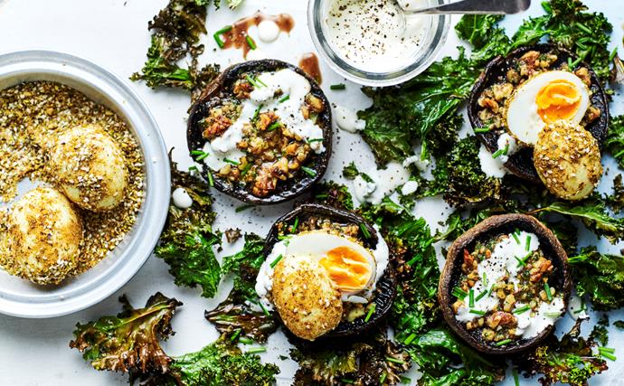 Grilled mushrooms with soft-boiled dukkah eggs and crisp kale