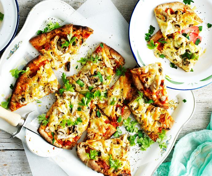 **[Chicken and mushroom pizzas](https://www.womensweeklyfood.com.au/recipes/chicken-and-mushroom-pizzas-12188|target="_blank")**

Grab yourself a few bases, a barbecue chicken and some pizza cheese on the way home to create these tasty chicken and mushroom pizzas for dinner.