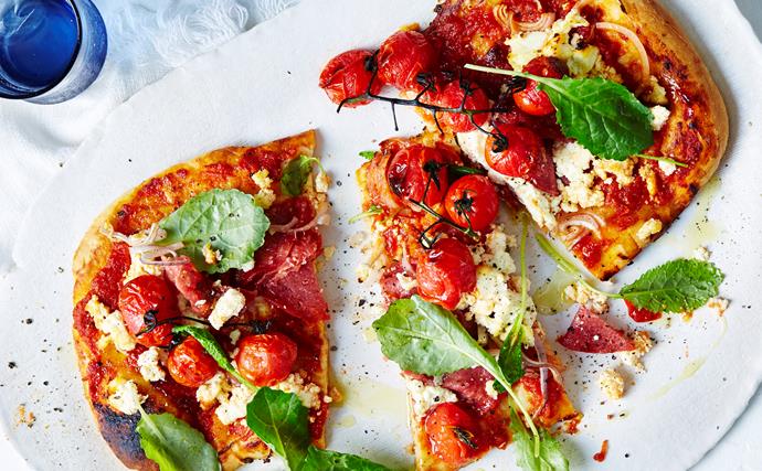Salami, ricotta and kale pizza