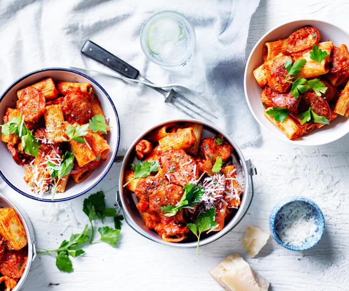 **[Rigatoni with chorizo and arrabbiata](https://www.womensweeklyfood.com.au/recipes/rigatoni-with-arrabbiata-and-chorizo-sauce-29595|target="_blank")**

Deliciously flavoursome rigatoni with arrabbiata and chorizo sauce is a classic flavour combo for a dinner the whole family will love.