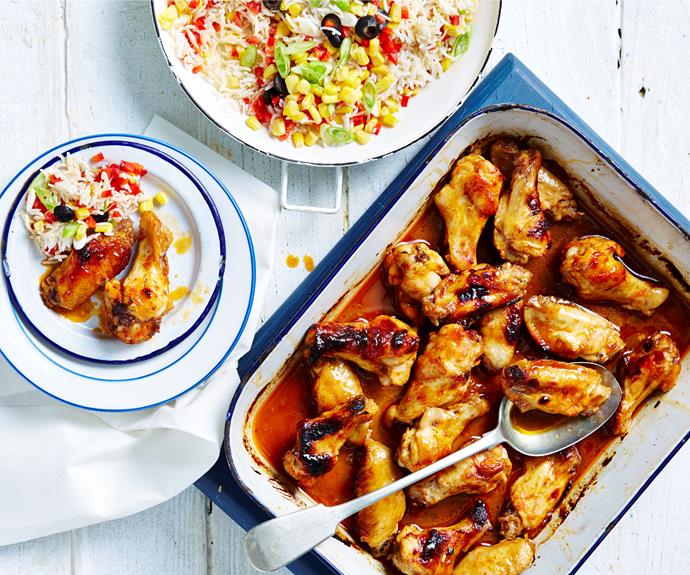**[Sticky apricot chicken with rainbow rice](https://www.womensweeklyfood.com.au/recipes/sticky-apricot-chicken-32278|target="_blank")**

Sweet marinated apricot chicken wing nibbles contrast perfectly with a fresh rainbow rice for the perfect family meal.