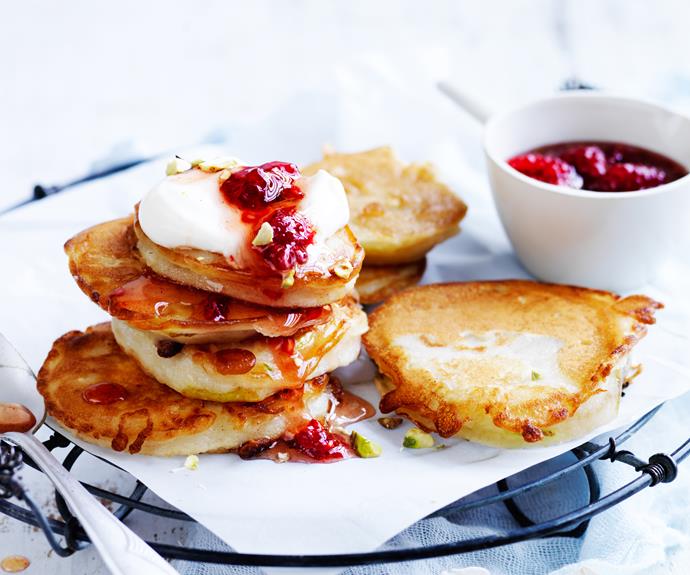 **[Pear fritters with raspberry rose syrup](https://www.womensweeklyfood.com.au/recipes/pear-fritters-32307|target="_blank")**

These fritters are made with pre-made pancake batter for a simple dessert that can be ready in under half an hour. Topped with raspberries and yoghurt.