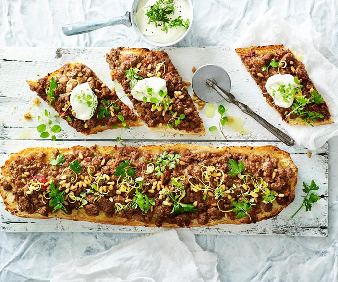 **[Turkish-style pizza with minted yoghurt](https://www.womensweeklyfood.com.au/recipes/turkish-style-pizza-with-minted-yoghurt-13634|target="_blank")**

Whether a weeknight dinner or a share plate for guests, this Turkish-style pizza topped with spiced beef and minted yoghurt is sure to impress.