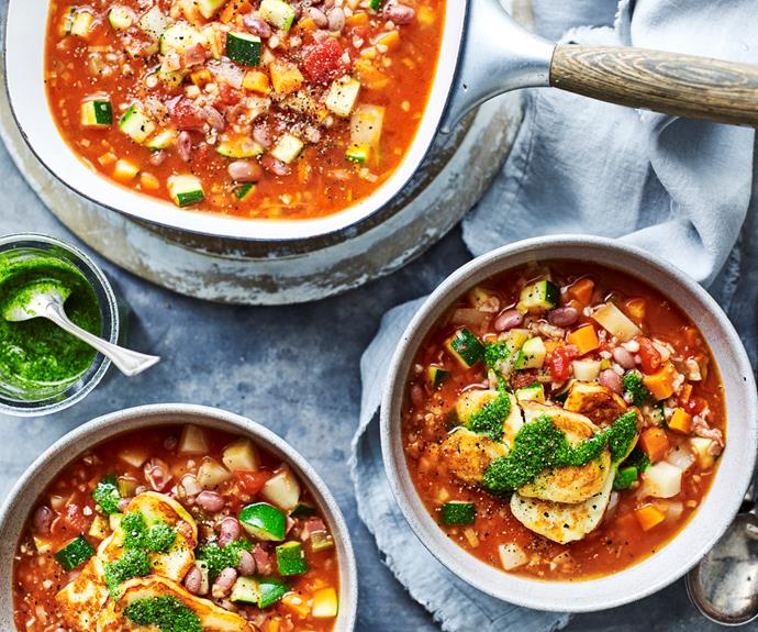 **[Chunky minestrone with haloumi](https://www.womensweeklyfood.com.au/recipes/chunky-minestrone-with-haloumi-32369|target="_blank")**

You will need to start this recipe a day ahead. Keep those colds at bay with a warming minestrone soup with haloumi and pesto verde!