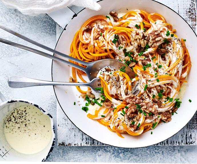**[Pumpkin spaghetti with creamy bacon sauce](https://www.womensweeklyfood.com.au/recipes/pumpkin-pasta-recipe-31101|target="_blank")**

This recipe is great for those who are trying to reduce carbs from their diet.
