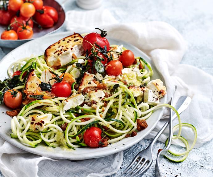**[Zucchini spaghetti with baked fetta and chickpea croutons](https://www.womensweeklyfood.com.au/recipes/zucchini-spaghetti-32402|target="_blank")**

It's like the viral pasta recipe you've heard so much about but low-carb.
