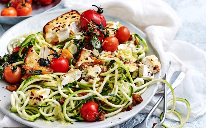 Zucchini spaghetti with baked fetta and chickpea croutons