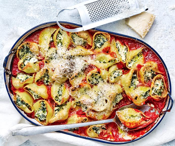 **[Ricotta and spinach pasta shell bake](https://www.womensweeklyfood.com.au/recipes/ricotta-and-spinach-pasta-bake-6217|target="_blank")**

A rich and gooey bake for the whole family.