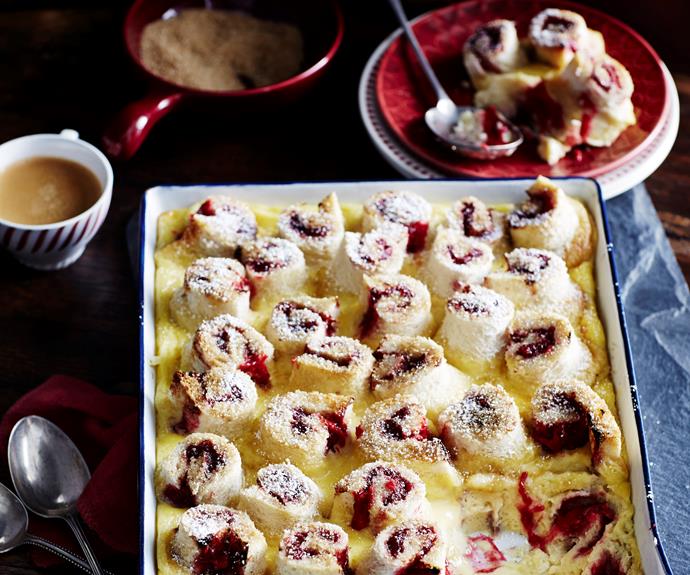 Rhubarb & custard bread pudding

Dessert of rolled bread with a rhubarb and raspberry jam - like jam rollettes - and smothered with a custard mixture and baked until rich and tasty.