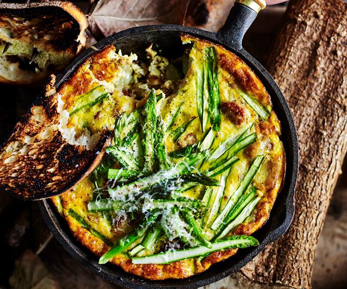 This pork and fennel [sausage and asparagus frittata](https://www.womensweeklyfood.com.au/recipes/sausage-asparagus-frittata-32430|target="_blank") is an easy one-pan brunch dish delivering fresh and hearty flavours.
