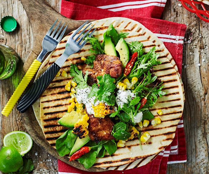 **[Grilled chicken and corn wrap](https://www.womensweeklyfood.com.au/recipes/chicken-and-corn-wrap-32449|target="_blank")**

Give dinner a smoky twist with this grilled chicken and corn wrap topped with dollops of fresh lime and yoghurt dressing.