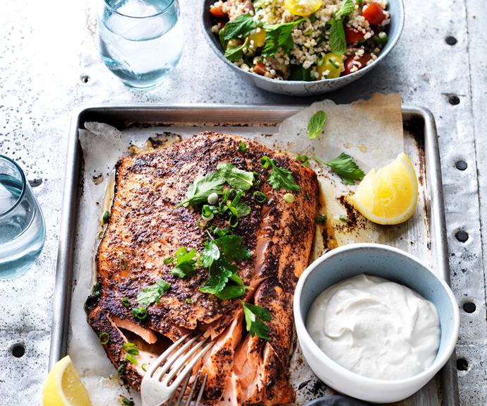 **[Baked salmon with tahini sauce and tabbouleh](https://www.womensweeklyfood.com.au/recipes/baked-salmon-with-tahini-sauce-and-tabbouleh-9405|target="_blank")** 

These delicate, exotic Middle Eastern flavours make this luxurious baked salmon dish simply irresistible. Light, healthy & perfect for a gourmet meal