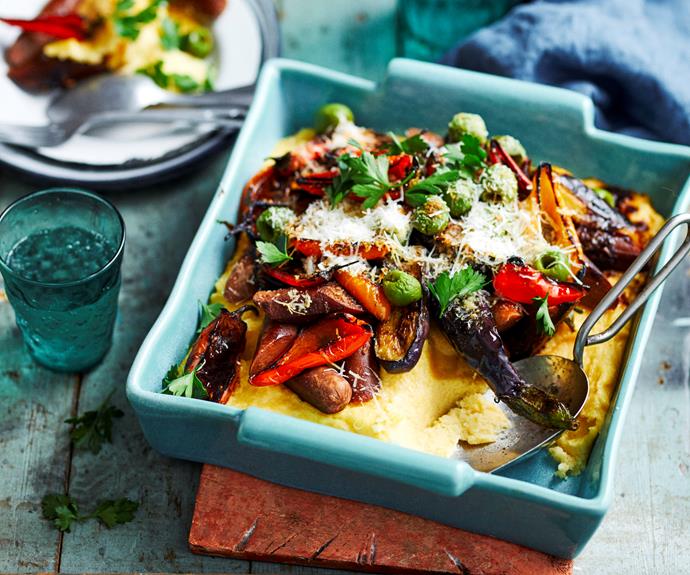 **[Cheesy polenta and sausage bake](https://www.womensweeklyfood.com.au/recipes/polenta-sausage-bake-32490|target="_blank")**

Creamy, cheesy polenta baked and topped with your choice of sausages and roasted vegetables makes a tasty weeknight meal.
