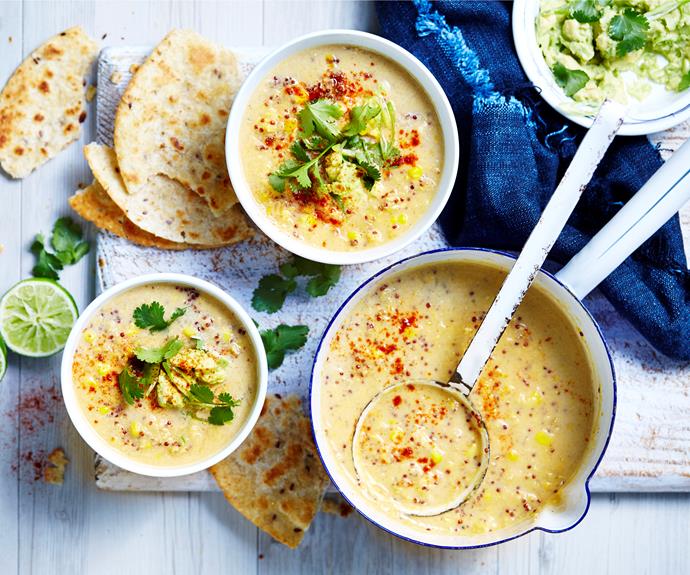 This [corn and quinoa chowder](https://www.womensweeklyfood.com.au/recipes/roast-corn-and-quinoa-chowder-29399|target="_blank") with Mexican flavours of coriander, paprika and lime, served with crispy tortillas guaranteed to satisfy hungry bellies.