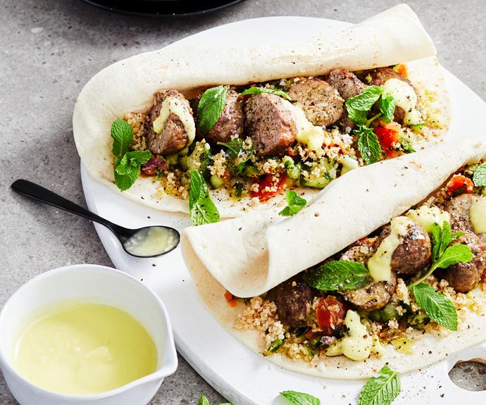 **[Lamb koftas with tabbouleh and garlic toum](https://www.womensweeklyfood.com.au/recipes/lamb-koftas-with-tabbouleh-and-garlic-toum-32673|target="_blank")**

This fragrant meal is super quick and easy in your Thermomix. Tender lamb with fresh tabbouleh and garlic toum served on Lebanese flatbreads. Yum!