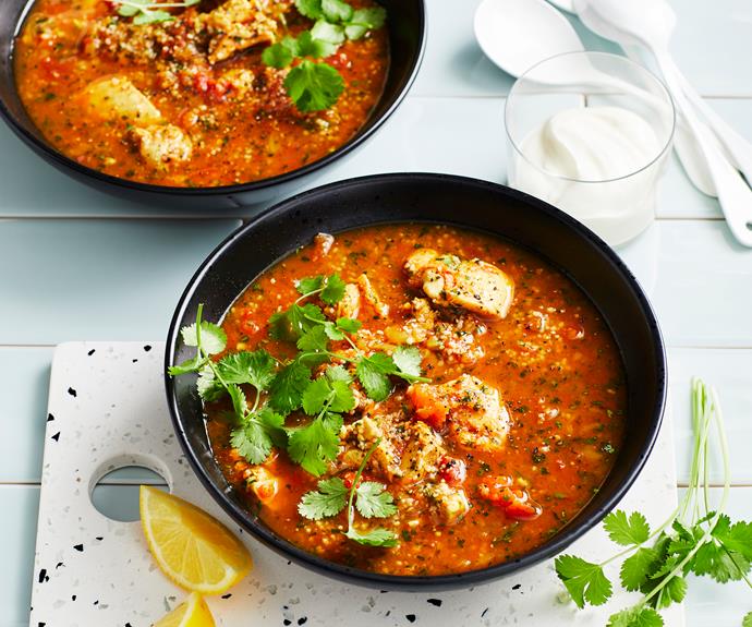 **[Harissa chicken & couscous soup](https://www.womensweeklyfood.com.au/recipes/harissa-chicken-and-couscous-soup-32677|target="_blank")**

This spicy and fragrant chicken soup is made super simple with the use of your Thermomix. Harissa adds a distictive touch with a fiery kick.