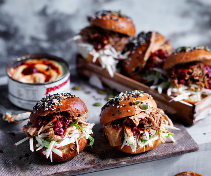 **[Pulled pork sliders with apple slaw chipotle mayo](https://www.womensweeklyfood.com.au/recipes/pulled-pork-sliders-32716|target="_blank")**

Smoky chipotle mayo gives these classic pulled pork burgersa little touch that is far from ordinary. Apple slaw adds a touch of sweetness