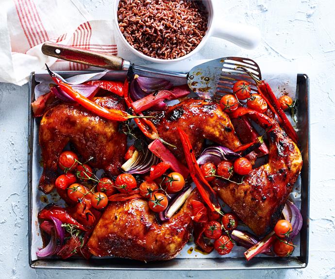 **[Chicken tray bake with rhubarb, capsicum & chilli](https://www.womensweeklyfood.com.au/recipes/chicken-tray-bake-32733|target="_blank")** 

Tray bakes are the perfect solution for a dinner with minimal effort.