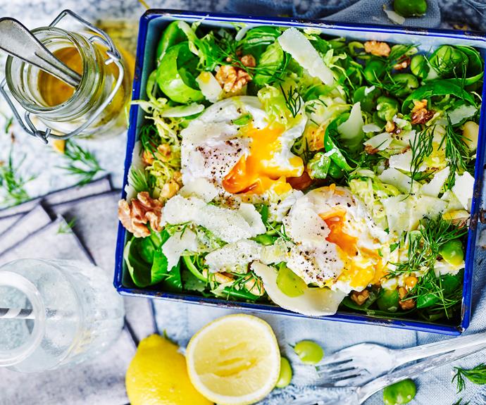 **[Broad bean and brussels sprout salad with poached eggs](https://www.womensweeklyfood.com.au/recipes/broad-bean-brussels-sprout-salad-with-poached-eggs-32804|target="_blank")**

This fresh brussel sporut and broad bean salad is finsihed off perfectly with crunchy walnuts, parmesan and silky poached eggs.