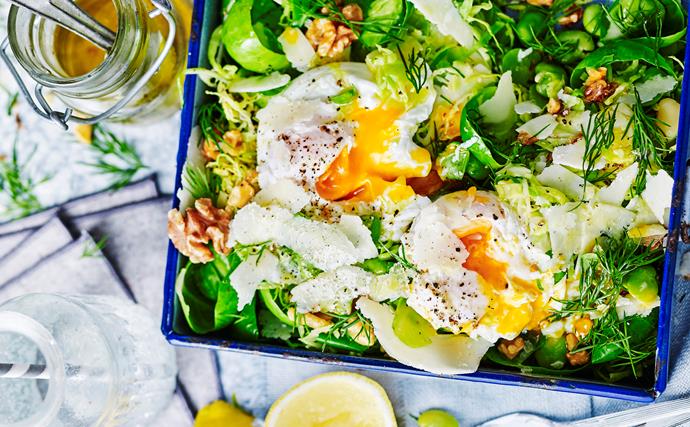 Broad bean and brussels sprout salad with poached eggs