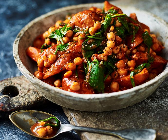 **[Chorizo and chickpea stew](https://www.womensweeklyfood.com.au/recipes/chorizo-and-chickpea-stew-10895|target="_blank")**

Smoky and delicious baked chorizo and chickpea stew.