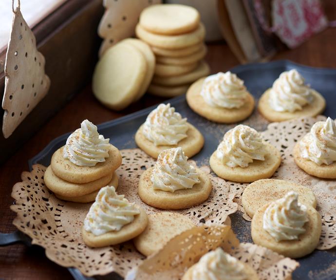 **[Eggnog shortbread biscuits](https://www.womensweeklyfood.com.au/recipes/eggnog-shortbread-32824|target="_blank")**

Add a little Christmas spirit with these spiced shortbread treats with a boozey buttercream topping. These biscuits are not for the kids!