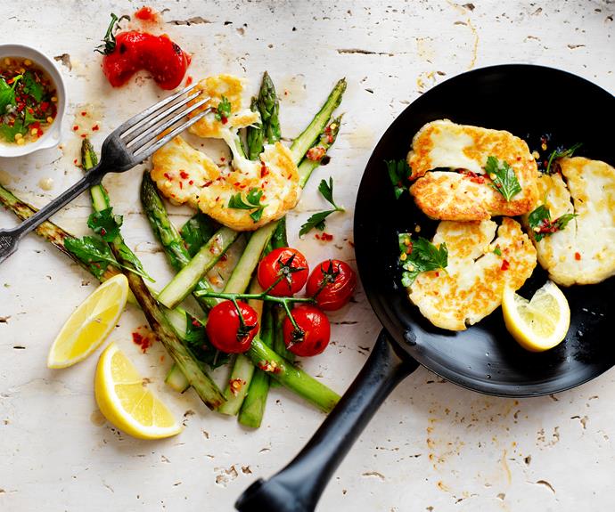 **[Haloumi, asparagus & cherry tomato salad](https://www.womensweeklyfood.com.au/recipes/haloumi-asparagus-cherry-tomato-salad-32845|target="_blank")**

Only a few simple ingredients are needed to create this fresh and tasty salad and let's face it - everything tastes better with haloumi.