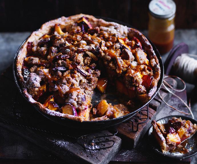 **[Bourbon butter 1kg peach pie](https://www.womensweeklyfood.com.au/recipes/bourbon-butter-1kg-peach-pie-32859|target="_blank")**

This peach pie has a flaky pie crust and is filled with one kg of sweet peaches and a rich, bourbon butter syrup and finished with a crumbly topping.