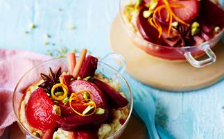 Rice pudding with poached rhubarb and plums