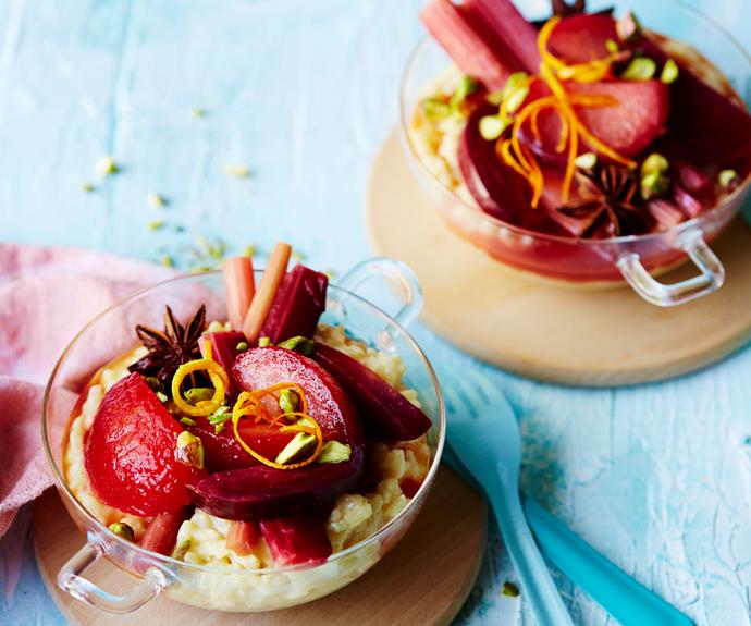**[Rice pudding with poached rhubarb & plums](https://www.womensweeklyfood.com.au/recipes/rice-pudding-32865|target="_blank")**

This vegan dessert option is rich and creamy thanks to oat milk and coconut syrup. Topped with sweet poached rhubarb and plums for a vibrant touch