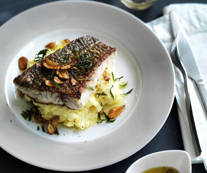 **[Crisp-skinned fish with roast garlic skordalia](https://www.womensweeklyfood.com.au/recipes/crisp-skinned-fish-with-roast-garlic-skordalia-12833|target="_blank")**

The creamy potato dip with roasted garlic complements the crispy-skinned firm white fleshed fish perfectly. Serve with veg for a satisfying meal.