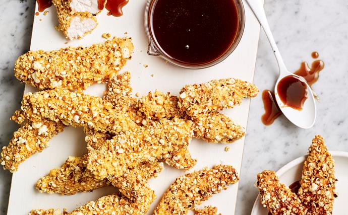 Air fryer popcorn-coated chicken with honey bbq sauce