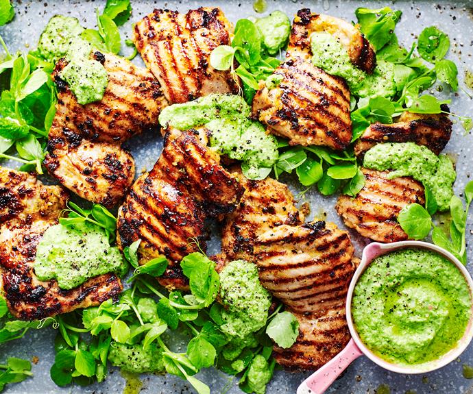 **[Barbecued chermoula chicken with pea puree](https://www.womensweeklyfood.com.au/recipes/barbecued-chermoula-chicken-32930|target="_blank")** 

Experiment with flavours of North Africa with this delicious chicken thighs recipe. Rub on, grill to perfection then serve with creamy pea purée