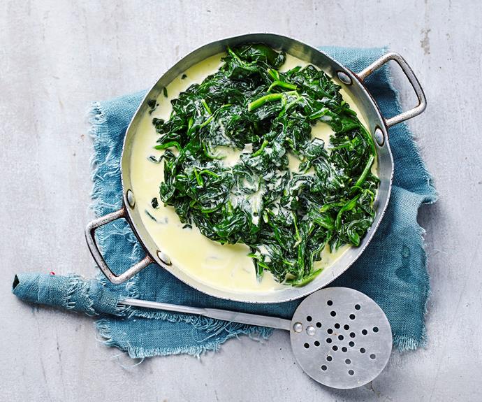 **[Creamed spinach](https://www.womensweeklyfood.com.au/recipes/creamed-spinach-7389|target="_blank")**

This simple side dish is a great way to use up bags of spinach in the fridge. Adding cream & butter will convert even the biggest green veg hold outs!