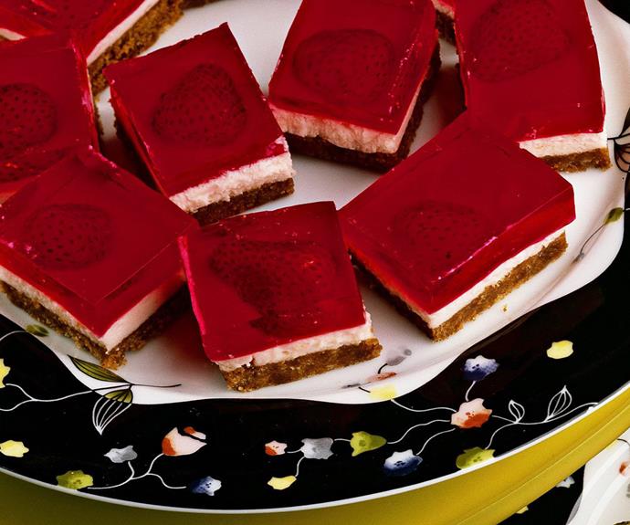**[Strawberry jelly slice](https://www.womensweeklyfood.com.au/recipes/strawberry-jelly-slice-13549|target="_blank")**

Honey snap biscuits base, a creamy centre and freshly made strawberry jelly make this delectable jelly slice perfect for kids parties (and adults too)