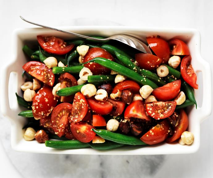 **[Bean and tomato salad with hazelnut dressing](https://www.womensweeklyfood.com.au/recipes/bean-and-tomato-salad-with-hazelnut-dressing-11371|target="_blank")**

Fresh green beans with cherry tomatos and a zesty hazelnut dressing make a simple side dish to serve with your choice of meat or vegetable main.