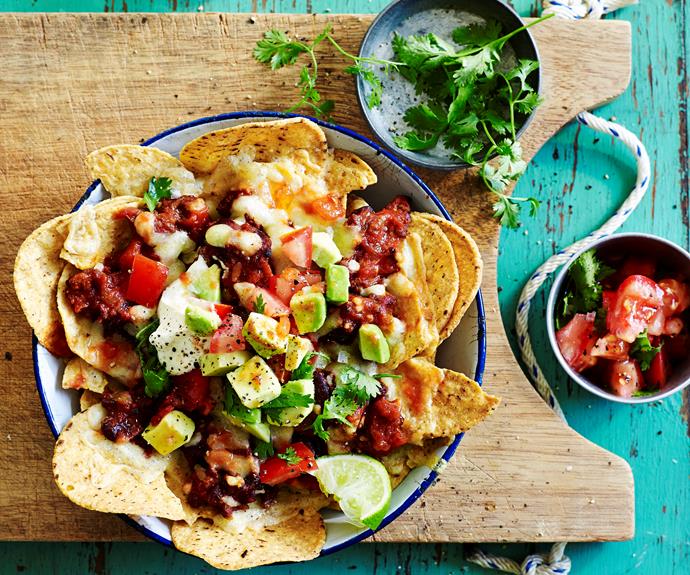 **[Beef and bean nachos](https://www.womensweeklyfood.com.au/recipes/beef-and-bean-nachos-11902|target="_blank")**

Use pre-made chilli con carne to make cheesy beef and bean nachos topped with sour cream, tomato salsa and avocado.