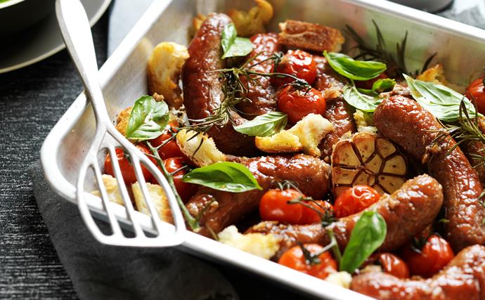 Rosemary roasted sausages and tomato tray bake