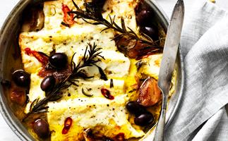 Baked fetta with roasted garlic, chilli and olives