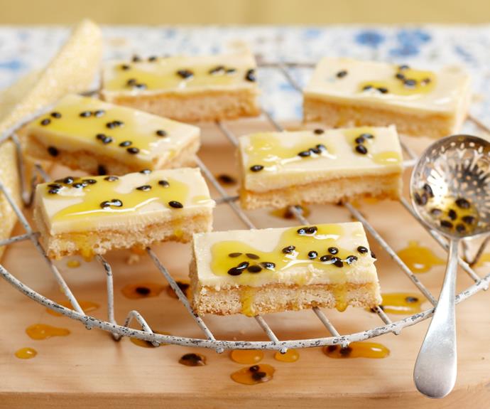 **[Passionfruit slice](https://www.womensweeklyfood.com.au/recipes/passionfruit-slice-28306|target="_blank")**

Channeling tropical flavours, this beautiful slice is complete with a golden, crumbly crust with a sweet, creamy passionfruit and coconut topping.
