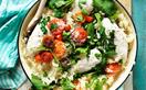 Oven-baked risotto with chicken, rocket and tomato