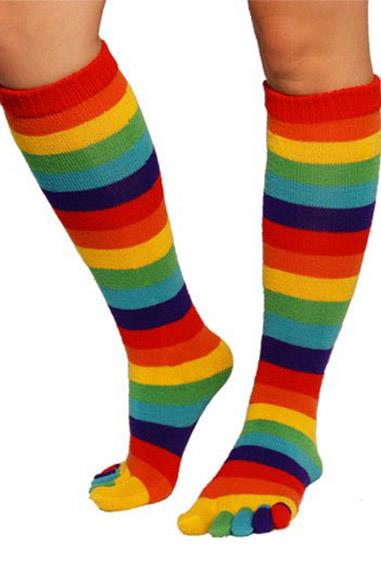 **Rainbow Toe Socks**
<br><br>
Gifted in almost every show teen magazine of the early '00s, toe socks were a trend that should never, ever return. The first item packed for any sleepover, the rainbow toe sock was strategically worn over each individual toe, making you feel just as uncomfortable as it looks.