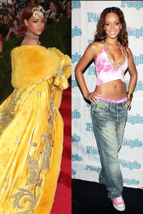 <strong>RIHANNA</strong> <BR> <strong>Now:</strong> At the Met Gala <BR> <strong>Then:</strong> At the <em>Teen People</em> Listening Lounge event in 2005