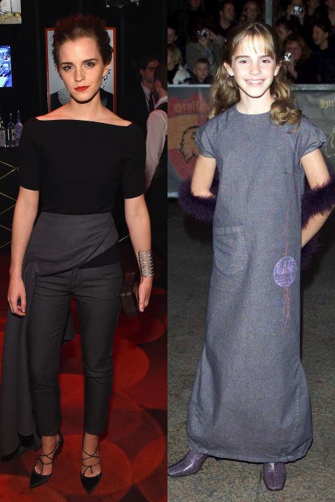 <strong>EMMA WATSON</strong> <BR> <strong>Now:</strong> At the Time 100 Gala <BR> <strong>Then:</strong> At the <em>Harry Potter and the Philosopher's Stone</em> premiere in 2001