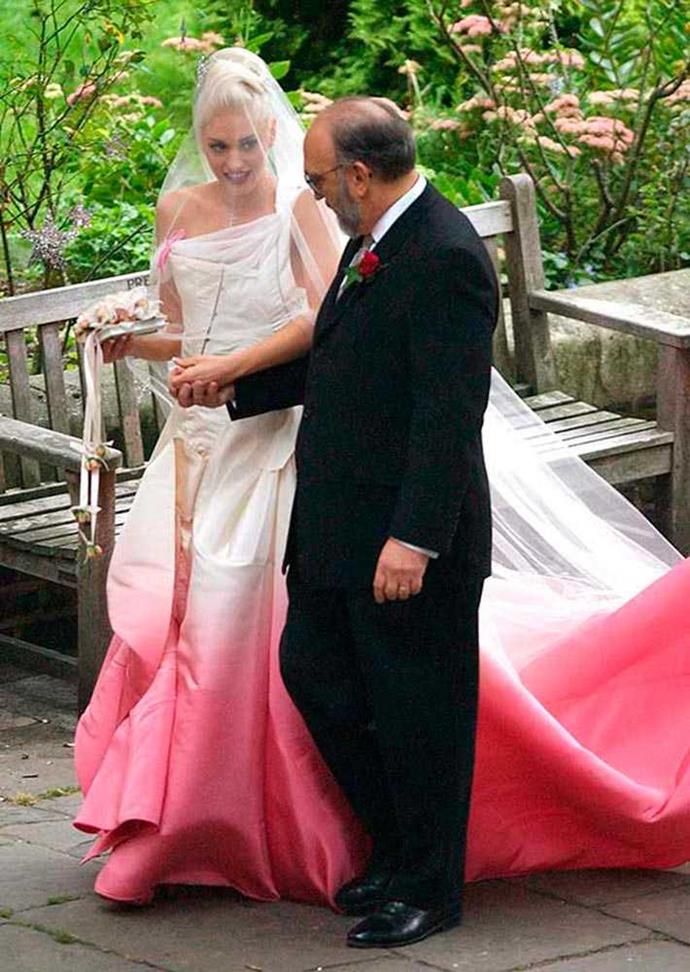 And the bride wore… Pink. Gwen Stefani’s dip-dyed dress was by Dior